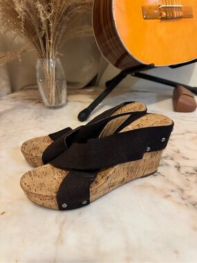 Lucky Brand Black Cork Wedge Sandals with Stud Accents
